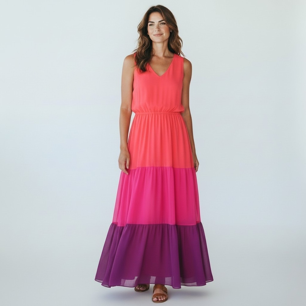 Julian Taylor Pink Purple Colorblock Tiered Maxi Dress Sleeveless V-Neck Size 14